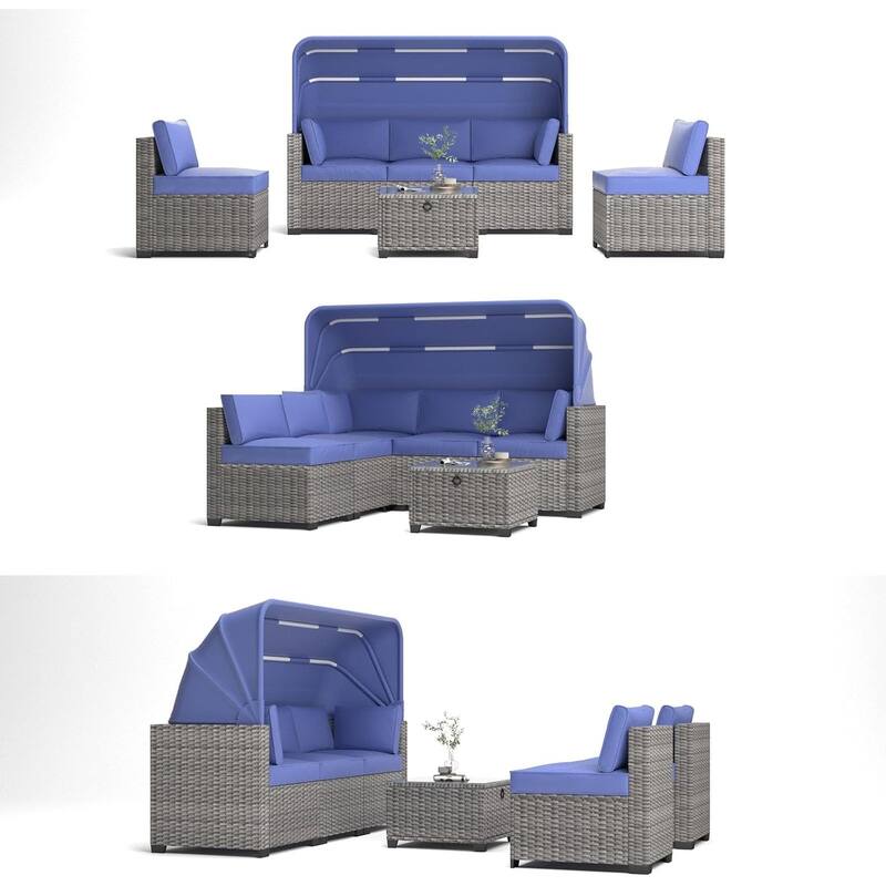 6-Piece PE Rattan Patio Sectional Set, Weather-Resistant Furniture, Retractable Canopy, Adjustable Backrest, Outdoor