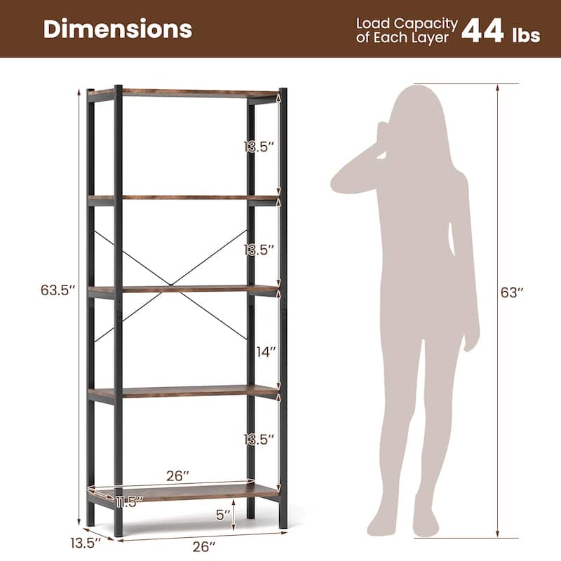 Costway 1/2 PCS 5-Tier Bookshelf Bookcase with Metal Frame & Dual