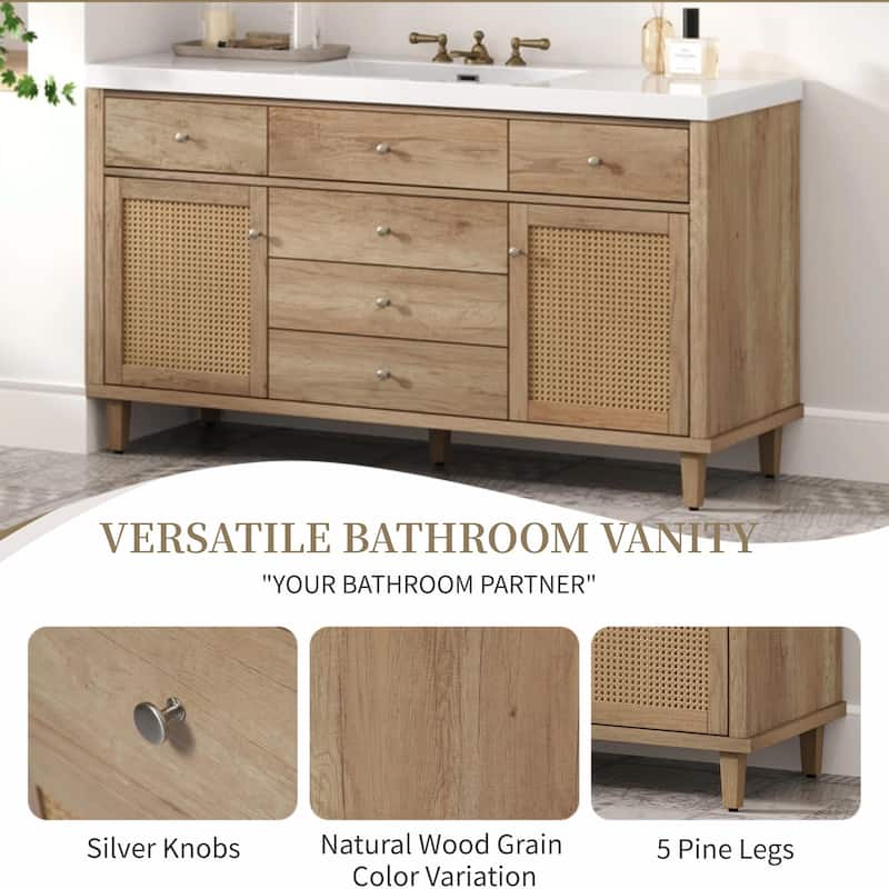 60" Bathroom Vanity with SMC Sink - Modern Large Storage Cabinet with Soft Close Drawers and Rattan Doors