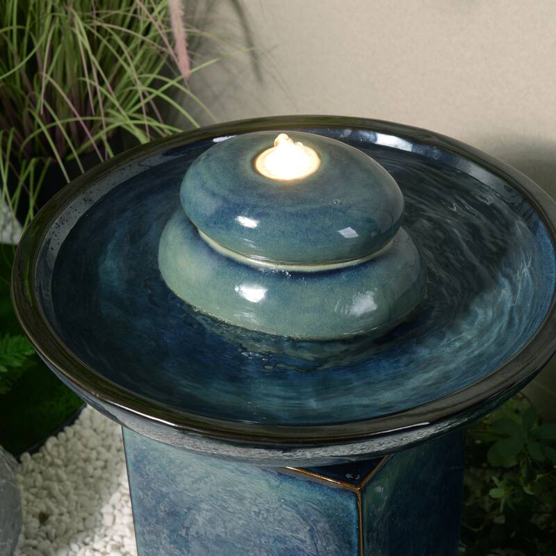 LED Lighted Ceramic Outdoor Garden Water Fountain - 28.75" - Blue
