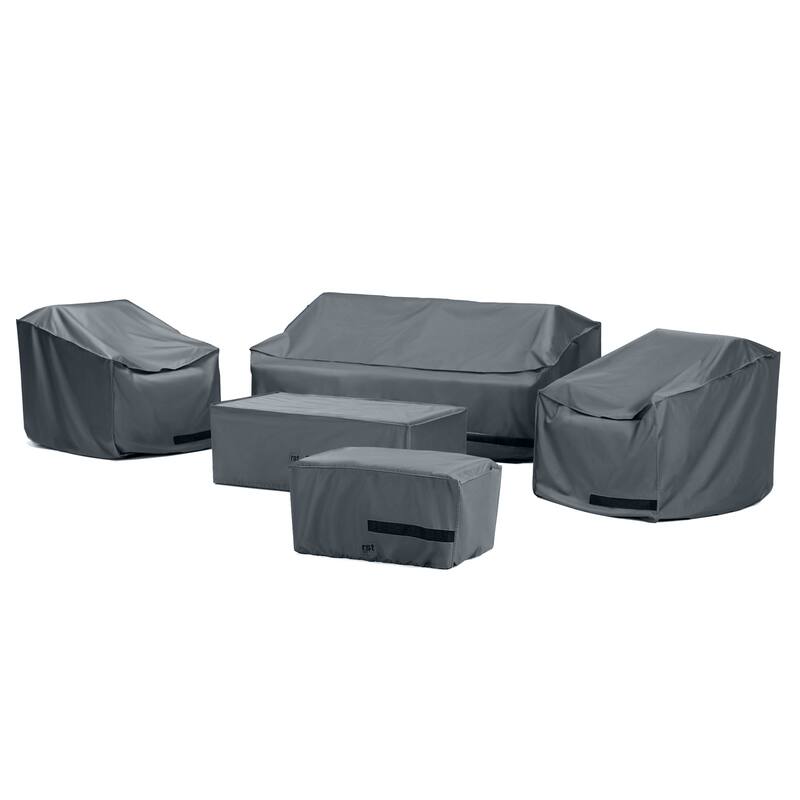 Cannes 5 Piece Polyester Outdoor Patio Loveseat Group Deluxe Furniture Covers - Grey