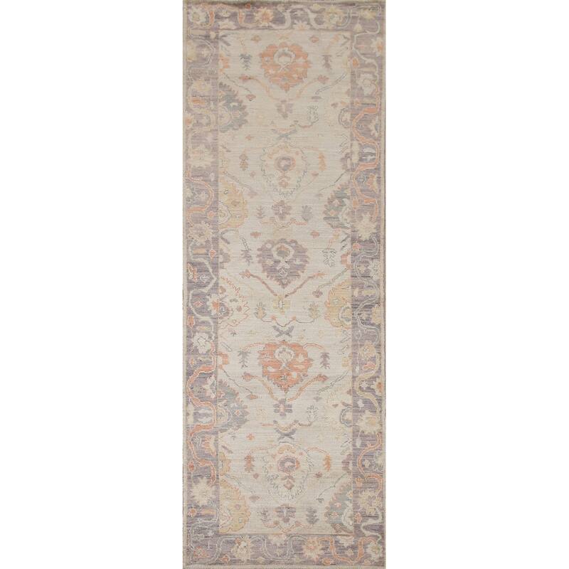 Hand Knotted Oriental 100% Wool Carpet Transitional All-Over Beige & Ivories Oushak Runner Rug - 9' 8'' X 2' 11''