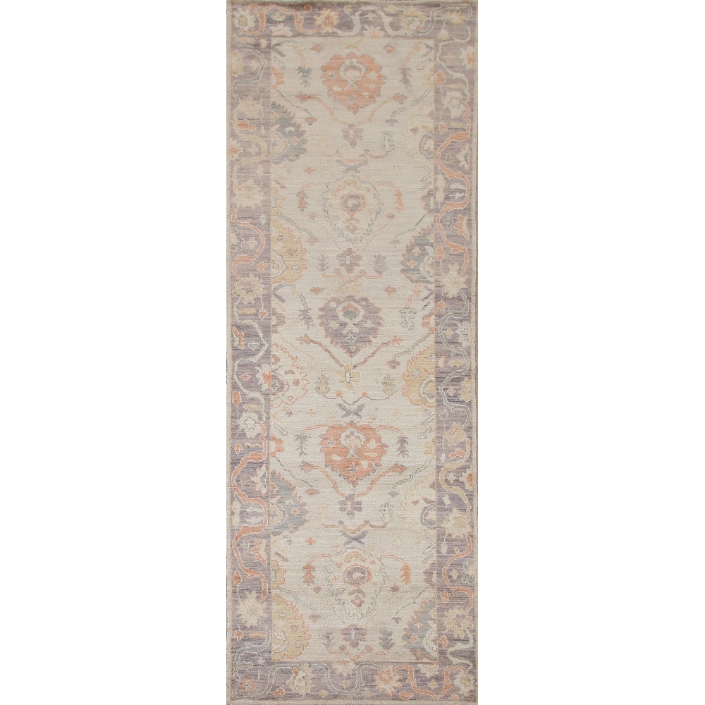 Hand Knotted Oriental 100% Wool Carpet Transitional All-Over Beige & Ivories Oushak Runner Rug - 9' 8'' X 2' 11''