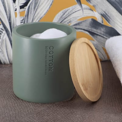 Sleek Cotton Pad Holder - Polyresin Bathroom Storage Container with Bamboo Lid - 4 L x 4 W x 4.6H