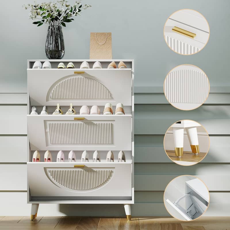 Slim Shoe Cabinet, Fluted Hidden Shoe Storage Cabinet with 3 Flip Drawers