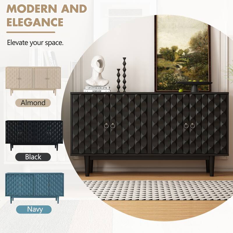 Buffet Cabinet with 4 Convex Pattern Doors, Storage Cabinet with 2 Silver Handle, Sideboard Cabinet with Adjustable Shelves