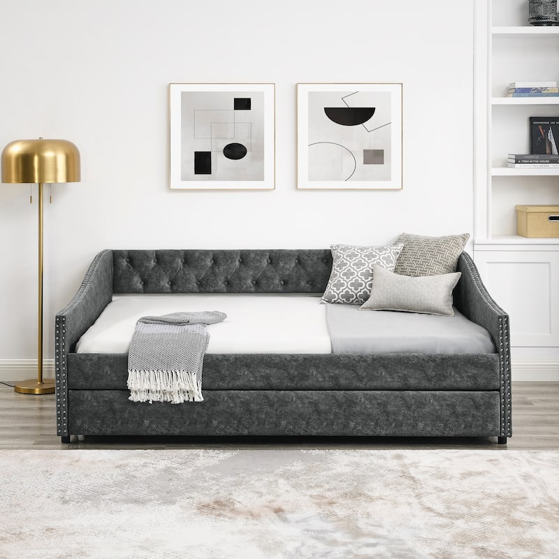 Full Size Daybed with Twin Size Trundle Upholstered Tufted Sofa Bed, with Button on Back and Copper Nail on Waved Shape Arms