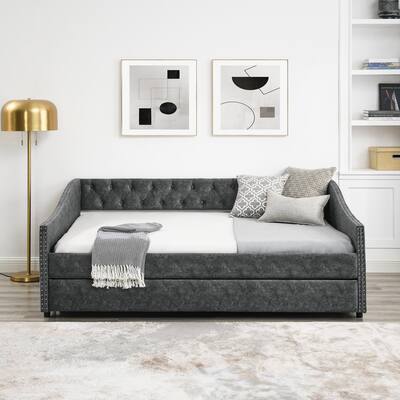 Full Size Daybed with Twin Size Trundle Upholstered Tufted Sofa Bed