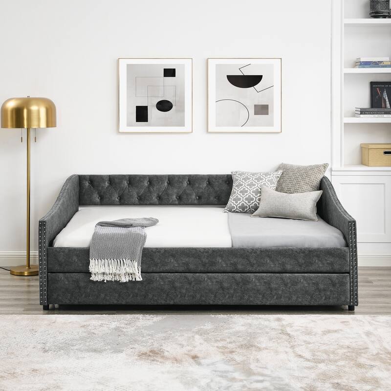 Roomfitters Twin/Full Upholstered Daybed with Twin Trundle, Tufted Backrest and Nailhead Trim, Elegant Waved Arms