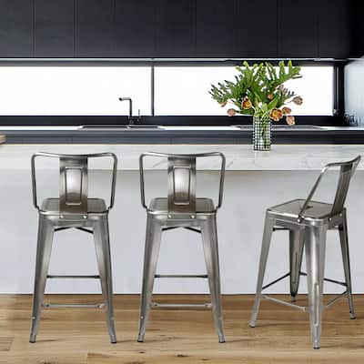 24" Counter-Height High Back Metal Bar Stool-Set of 2