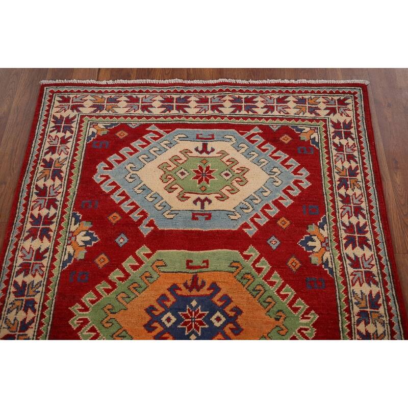 Red Geometric Kazak Foyer Rug Handmade Traditional Wool Carpet - 3'4" x 4'10"