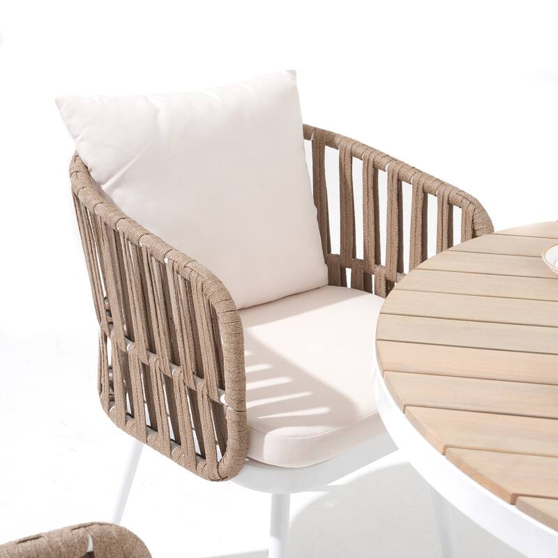 Acacia Wood Outdoor Dining Set - Round Table with 4 Metal Frame Rope Chairs