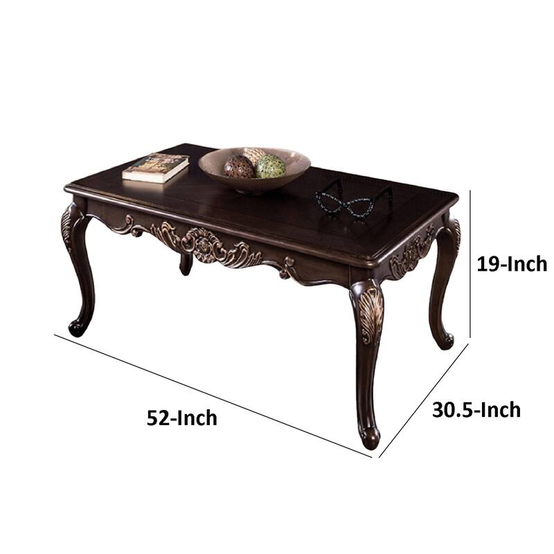 Astor Coffee Table, 52 Inch Dark Cherry Brown Wood, Carved Details