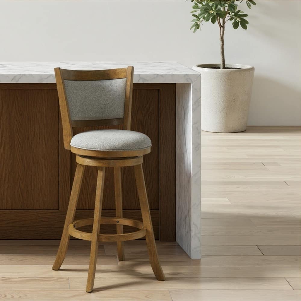 Aiden Modern Farmhouse Swivel Wood Counter Height Kitchen Bar Stool in Sepia Brown Finish with Fabric Upholstered Seat