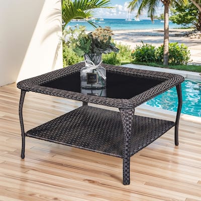 Stylish Outdoor Wicker Coffee Table with Glass Top