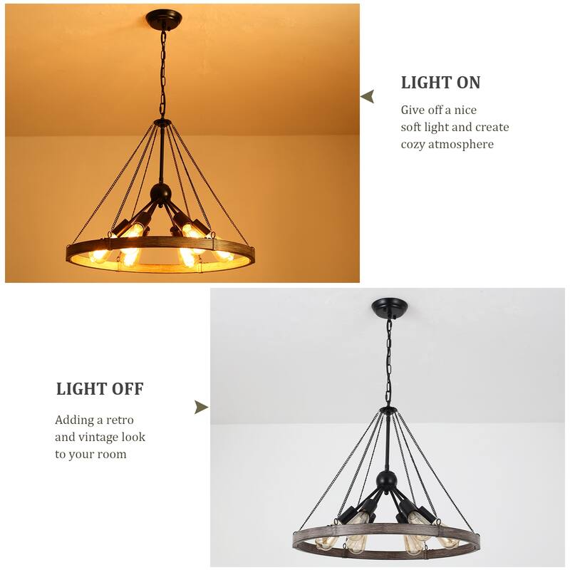 6-Light Modern Wagon Wheel Chandelier with Adjustable Chain for Study Foyer Kitchen Island