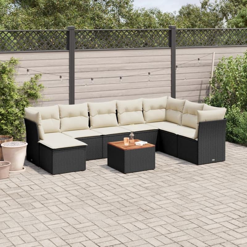vidaXL Patio Sofa Set with Cushions Outdoor Furniture 9 Piece Poly Rattan - 24.4 x 24.4 x 27.2 - Black and Cream