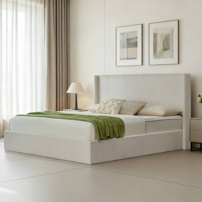 Lift Up Storage Platform Bed with Minimalist Headboard - White - King