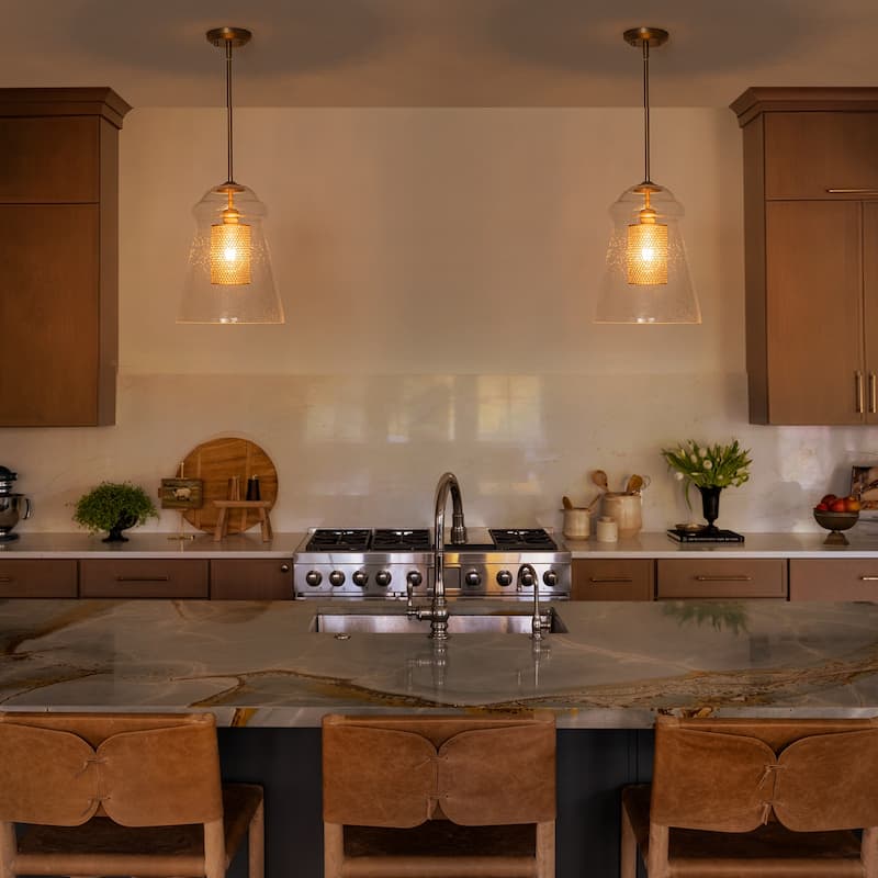 Modern Gold Kitchen Island Pendant Light with Clear Seeded Glass Shade - Dia.11.5-in