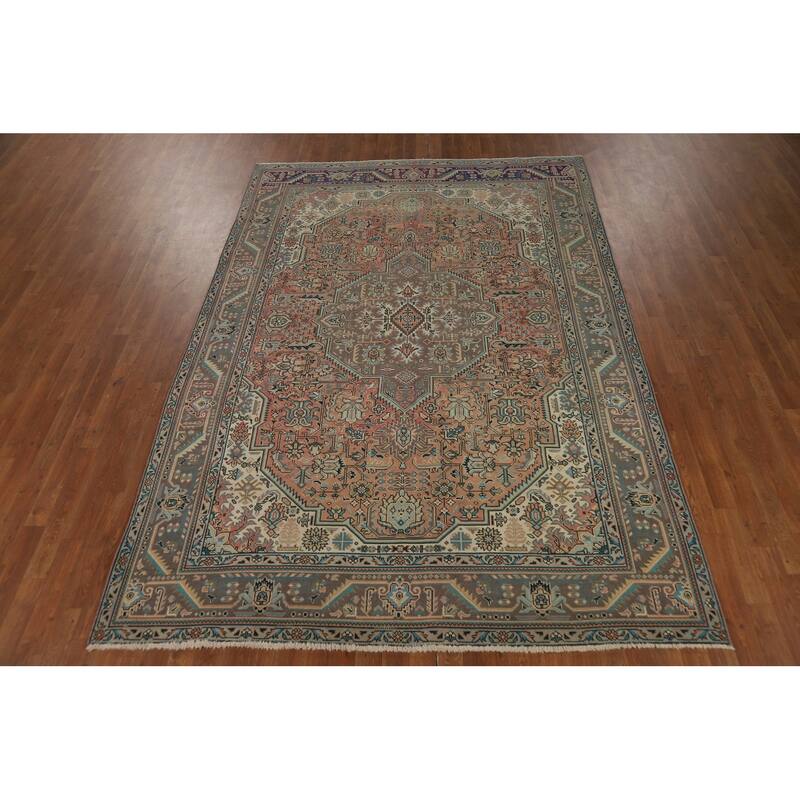 Orange Tabriz Persian Vintage Rug Hand-Knotted Wool Carpet - 6'8" x 9'6"