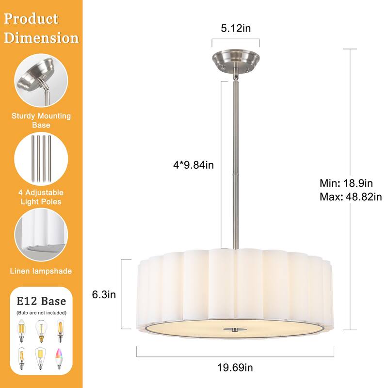 5 Light Simple Modern Pendant with Fabric Shade Adjustable Height Bulb Not Included