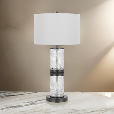 Hem 31 Inch Table Lamp with Drum Hardback, LED, Leafy Glass, Gray Metal
