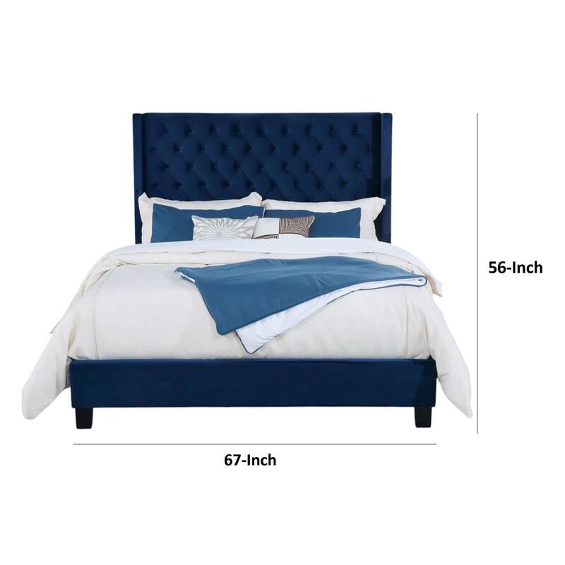 Hiu Queen Size Bed, Wingback Headboard, Navy Blue Velvet Like Upholstery