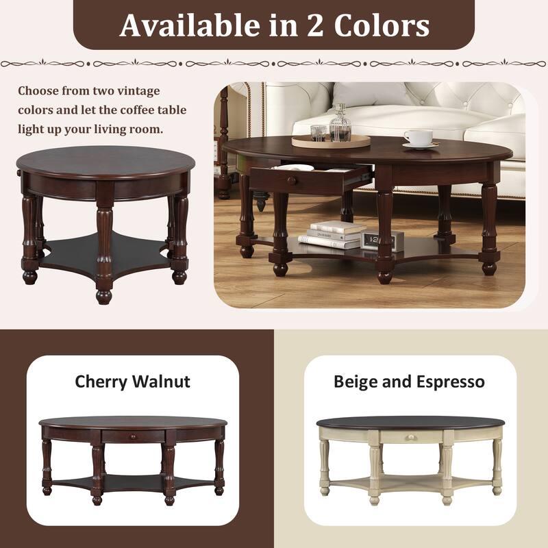 French Country Style Coffee Table Vintage Oval Coffee Table with Drawers and Storage Shelves, for Living Room