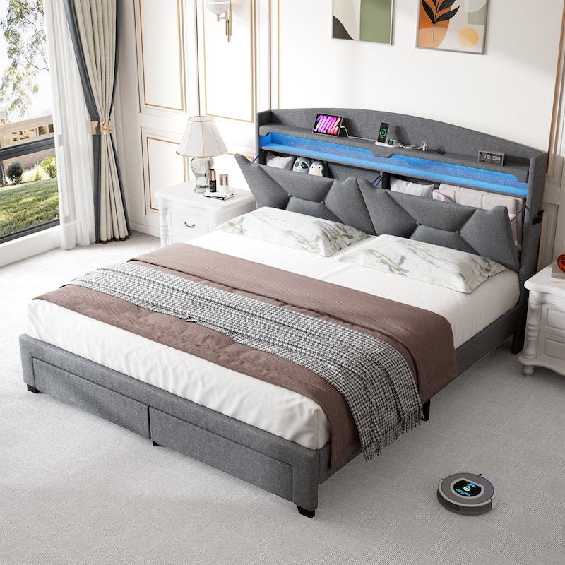 Gray Queen Size Modern Platform Bed with LED Lights and Storage Headboard