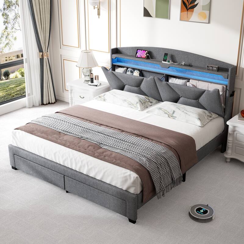Modern Platform Bed with LED Lights and Storage Headboard