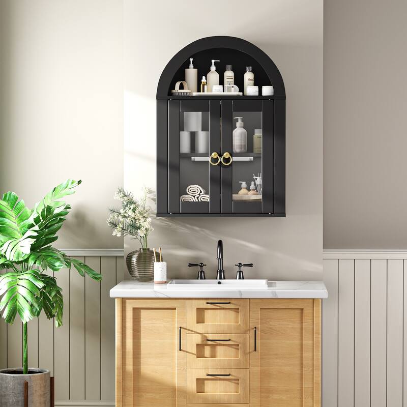 Wall Mounted Arched Cabinet with Glass Doors, Light and Adjustable Shelves for Laundry Room, Bathroom, Kitchen