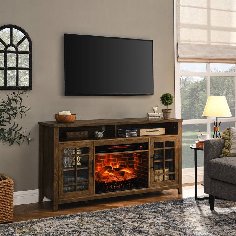 55 inch TV Media Stand with Electric Fireplace KD Inserts Heater,Reclaimed Barnwood Color