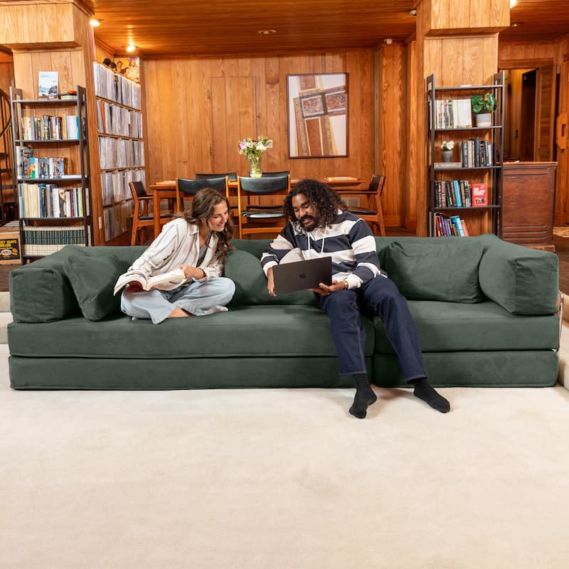 Jaxx Unsofa Modular Convertible Sectional Sofa with Fold Out King Sleeper Bed - 3-Seat Sofa. - Corduroy Forest Dark Green