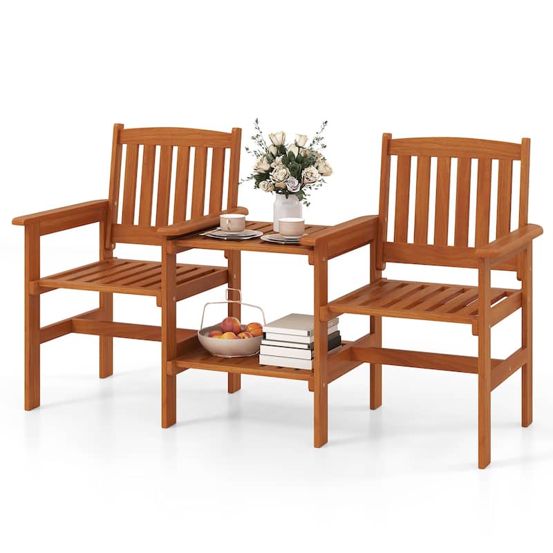 Outdoor Wooden Loveseat Bench with Built-In Table and Umbrella Hole Patio Seating for 2 People - 25" x 63" x 35"