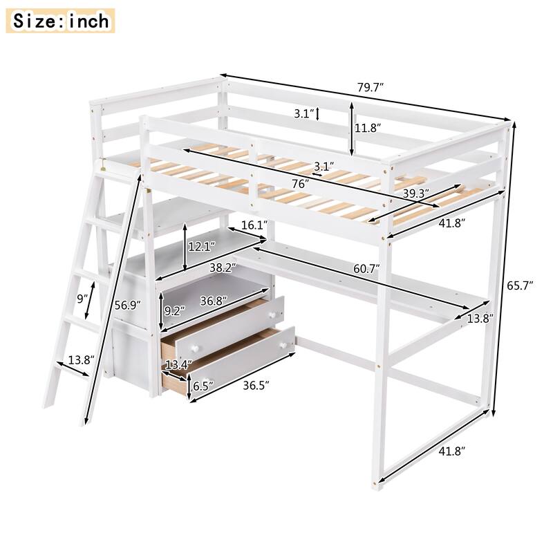 Twin Loft Bed with Desk, Shelves, and Drawers, White