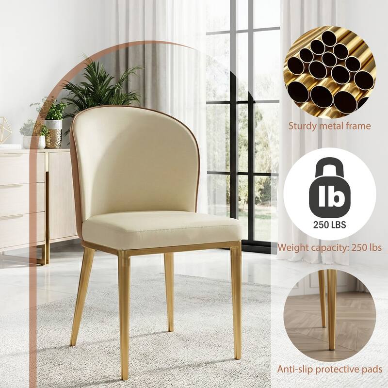 Modern Upholstered Dining Chair Set of 2 - Light Yellow Faux Leather Seat with Brown Back & Gold Metal Legs