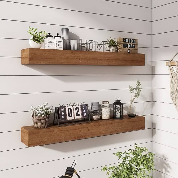 Wall Floating Shelves, Rustic Wood Shelf for Wall Mounted - Wooden Handmade Shelves(Walnut, 36 Inch - 2 Pack)