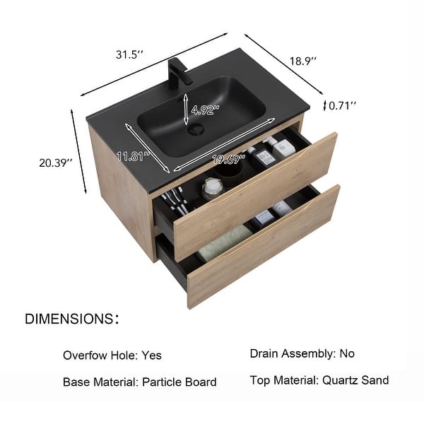 dimension image slide 2 of 4, Floating Bathroom Vanity in Evita Oak with Integrated Quartz Sand Top