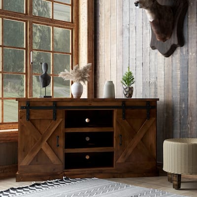 Bridgevine Home Farmhouse 56 inch Corner TV Stand for TVs up to 60 inches, No Assembly Required, Aged Whiskey Finish