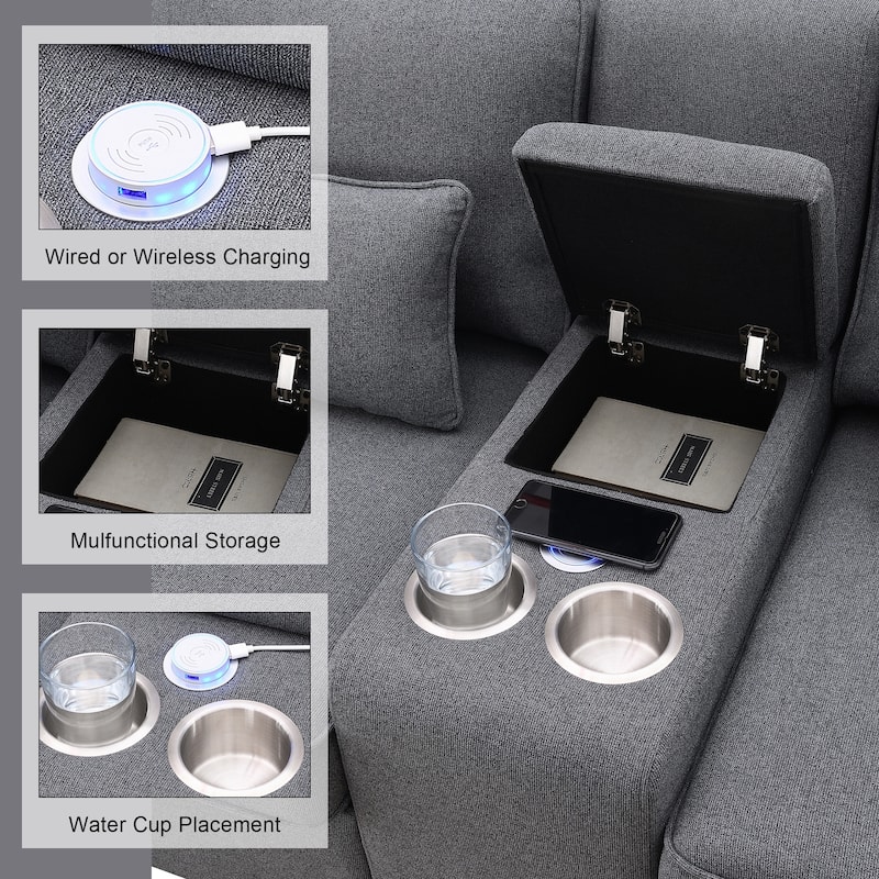 Modern 4-Seat Sofa with Console, Wireless Charging, 2 Cupholders, and 4 Pillows, Upholstered in Linen Fabric