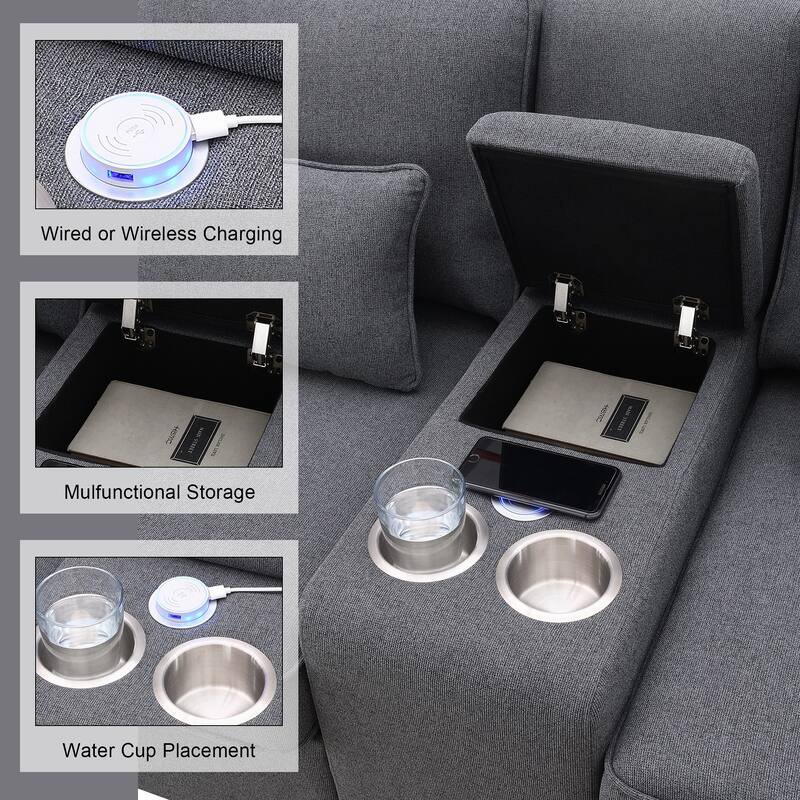 Modern Upholstered Sectional Sofa with Console, 2 Cupholders and 2 USB Port Wired or Wirelessly Charged