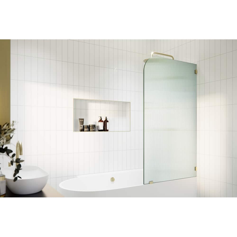 Aurora 58.25 in. x 30 in. Frameless Bath Shower Door - Single Fixed Panel Fluted Frosted Radius Right Hand