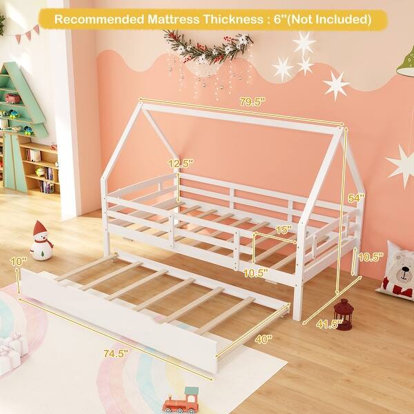 dimension image slide 0 of 2, Twin House Bed with Trundle and Fence Rail Perfect for Sleepovers