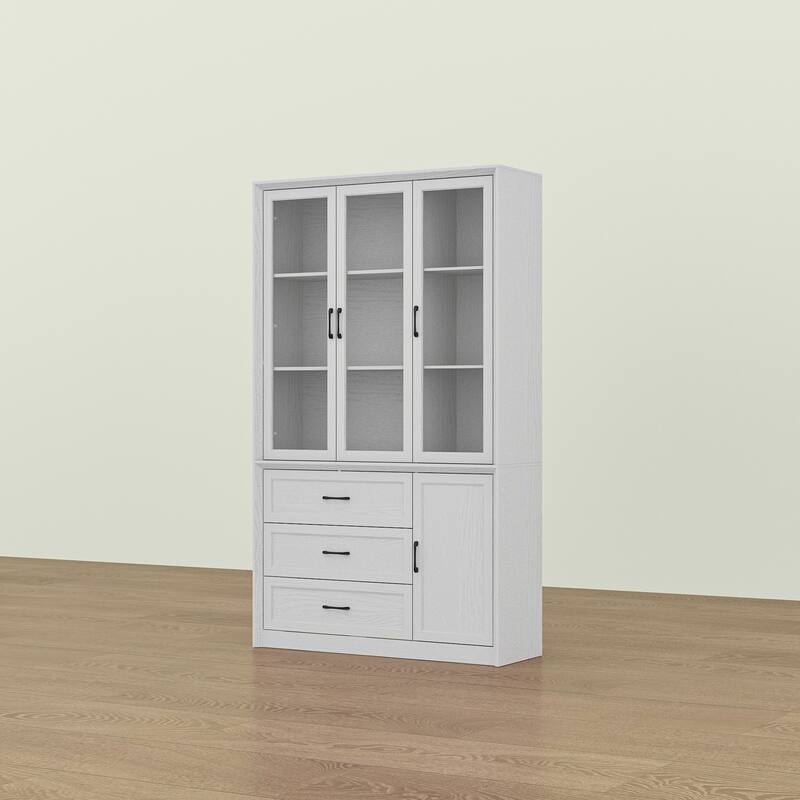 79.6"H Display Bookcase Pantry Cabinet Sideboard with Tempered Glass Doors White/Brown