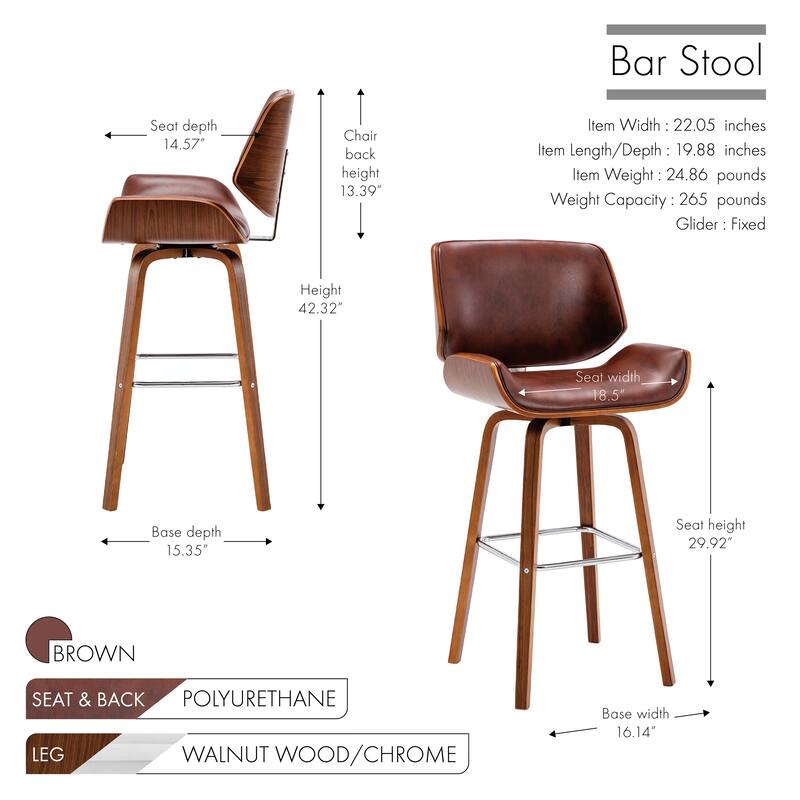 Porthos Home Oma Swivel Bar Stool, PU Leather, Wooden Legs with Footrest