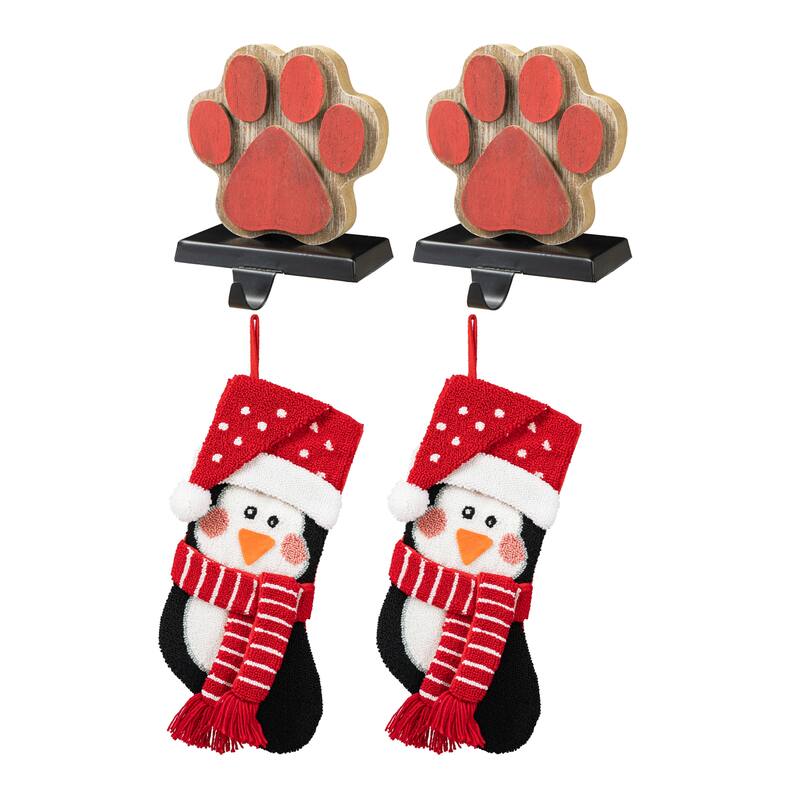 Glitzhome Christmas Wooden/Metal LED Snowman Paw Stocking Holders with Stockings Mantel Ornament - 2PK Paw & 2PK Penguin Stocking