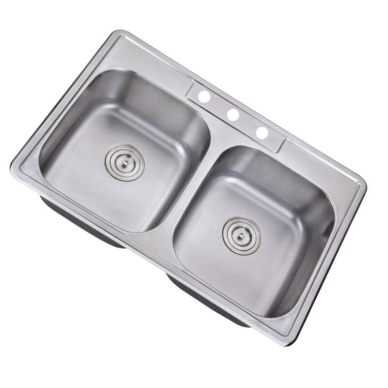 33''x22'' Drop In Kitchen Sink with Basket Strainer, 33 inch Top Mounted Double Bowl Kitchen Sink with Three Holes