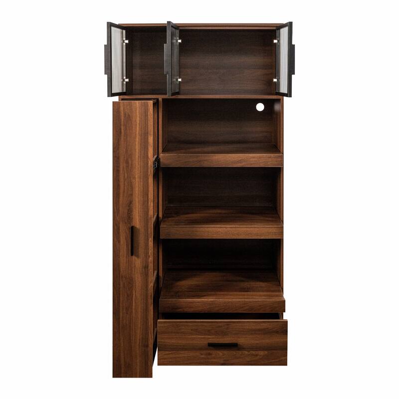Roomfitters Kitchen Pantry Cabinet with Pull-Out Storage Shelf, Microwave Stand and Drawer, Freestanding Food Hutch, Walnut