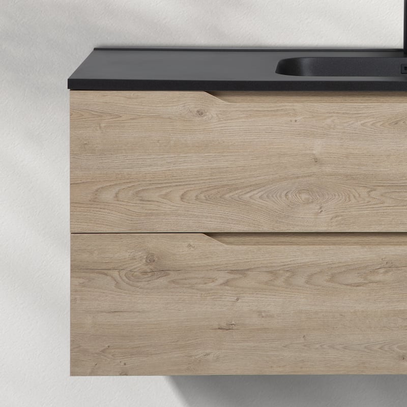 RupheonD 24"-48" Floating Bath Vanity in Evita Oak with Black Quartz Top