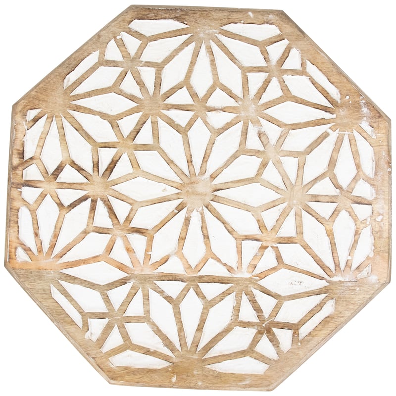 24" Antique Brushed White Carved Octagonal Side Table